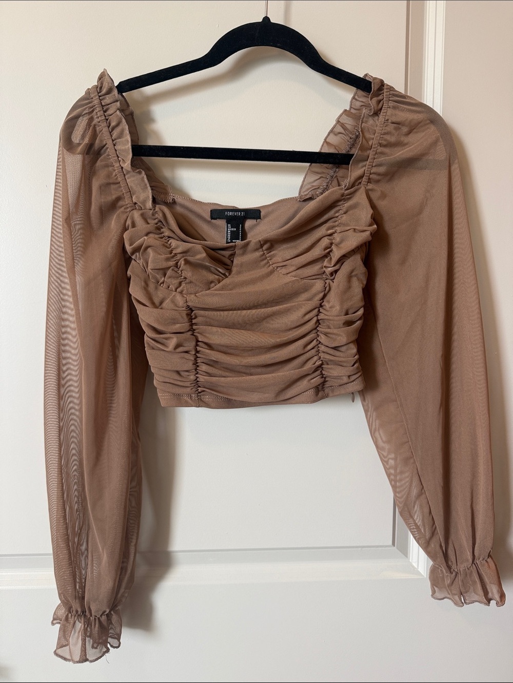Forever 21 Ruched Mesh Long-Sleeve Crop Top in Taupe